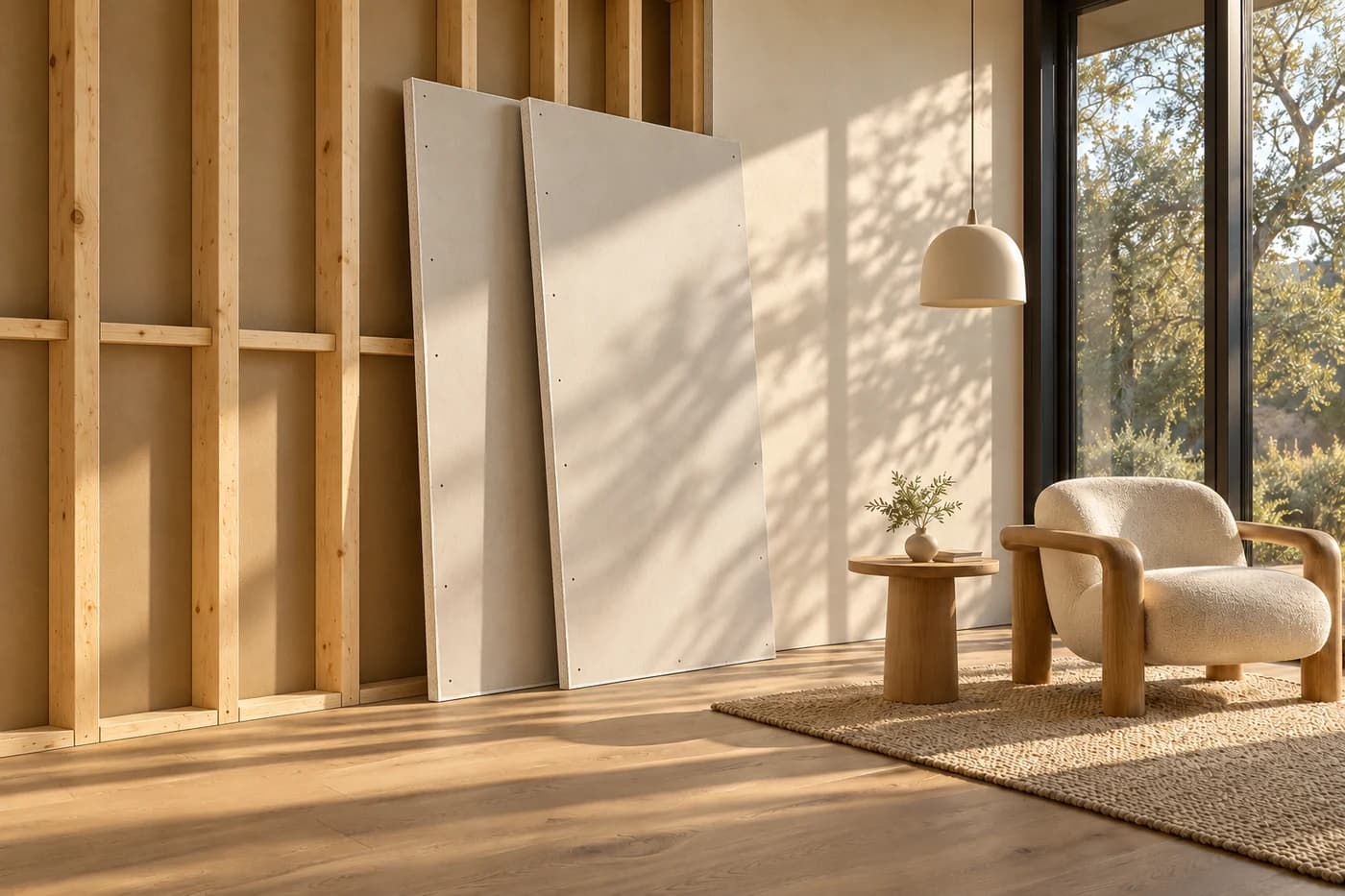 Architectural concept showing timber framing and separate gypsum boards in a sunlit room
